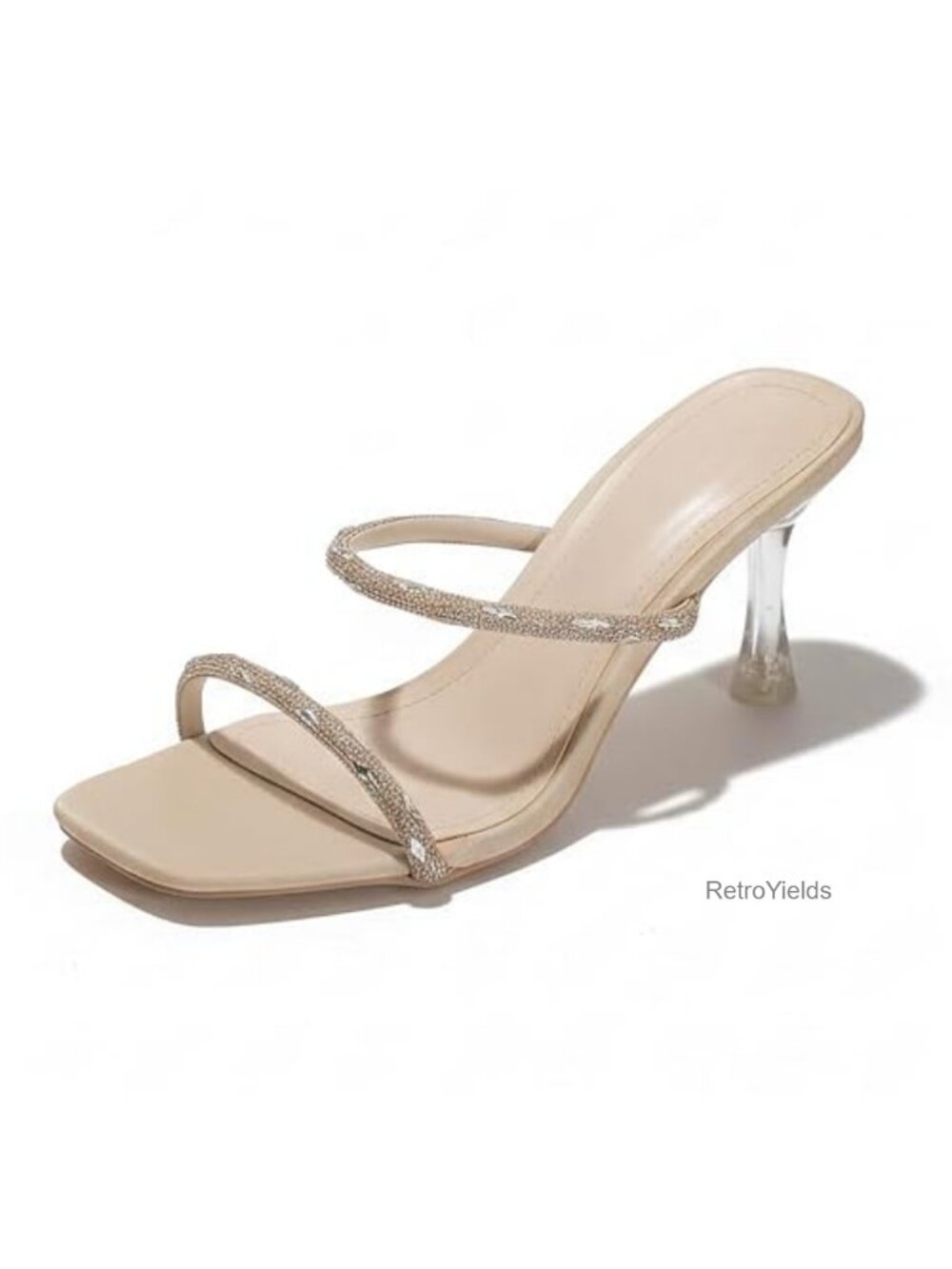 Women's PU Rhinestone Double Strap Backless Kitten Heel Slides Square Toe Mules